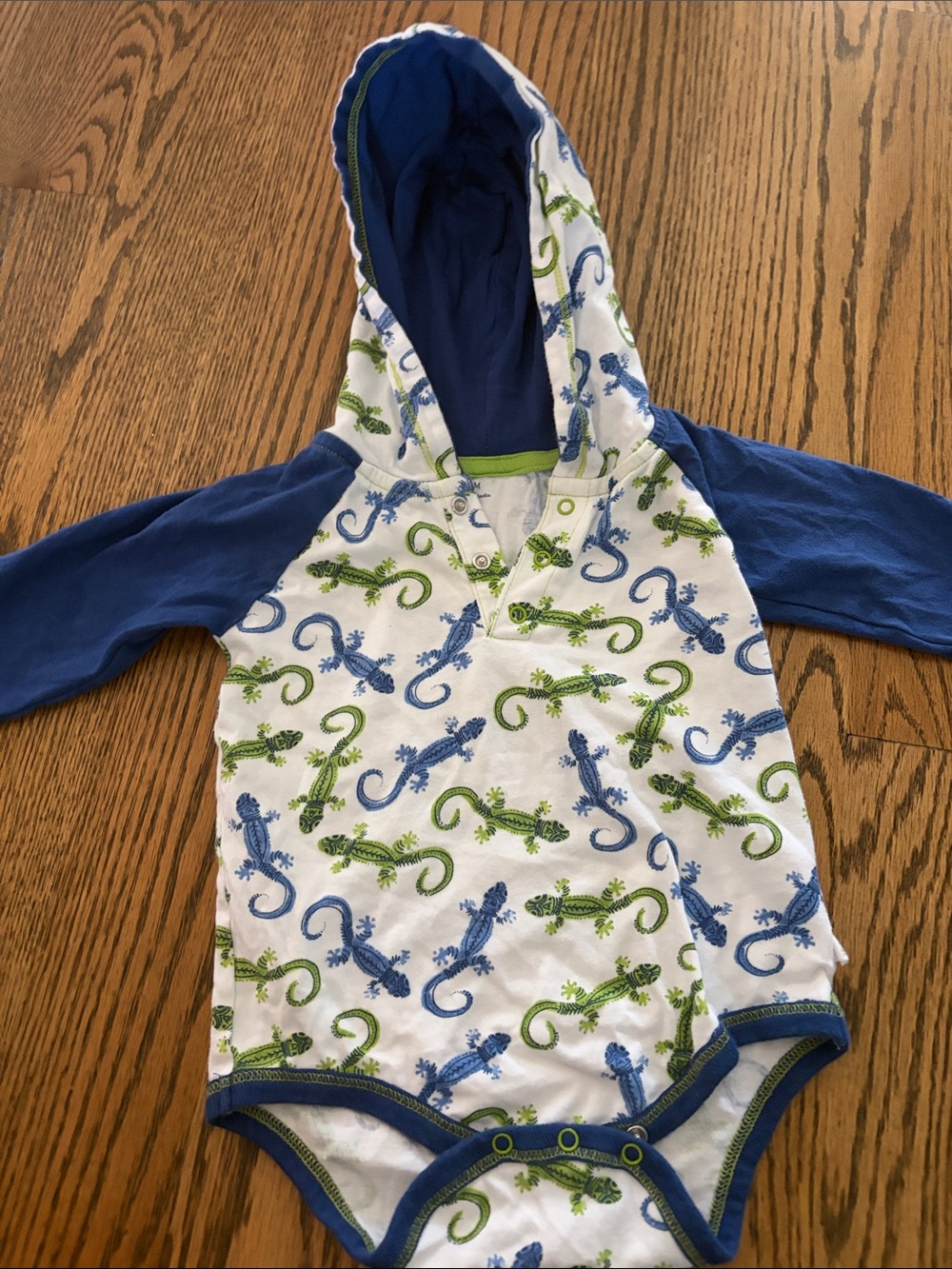 Hooded Baby Onesie with Blue & Green Lizard Print